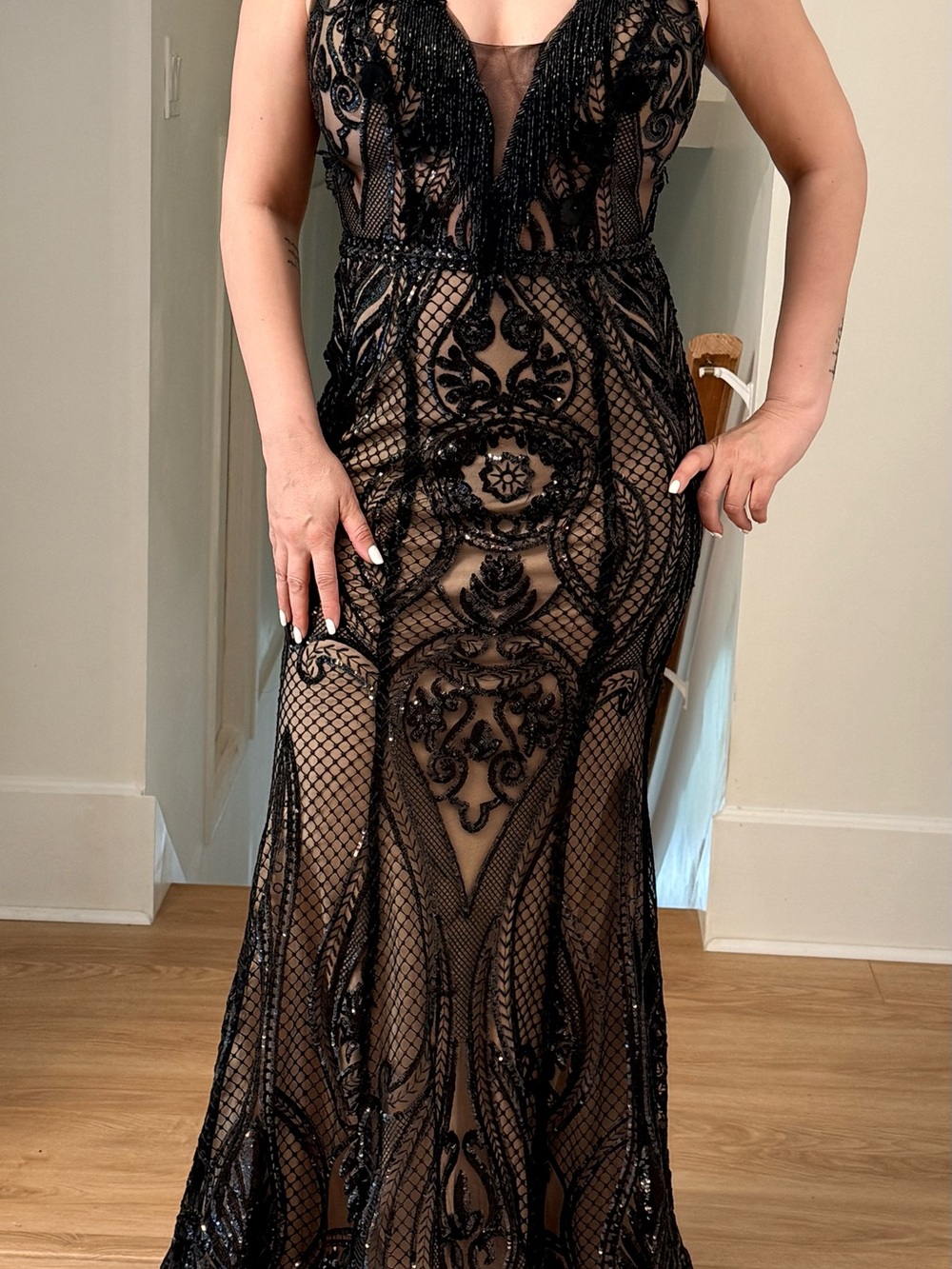 Black Embellished Illusion Prom Dress with Plunging Neckline